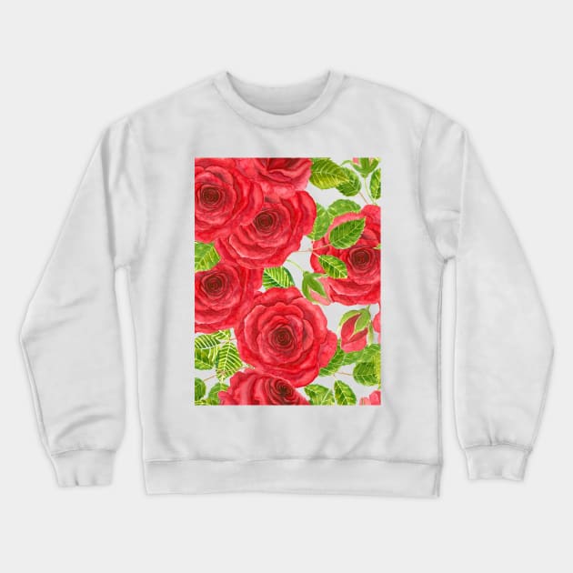 Red watercolor roses with leaves and buds pattern Crewneck Sweatshirt by katerinamk